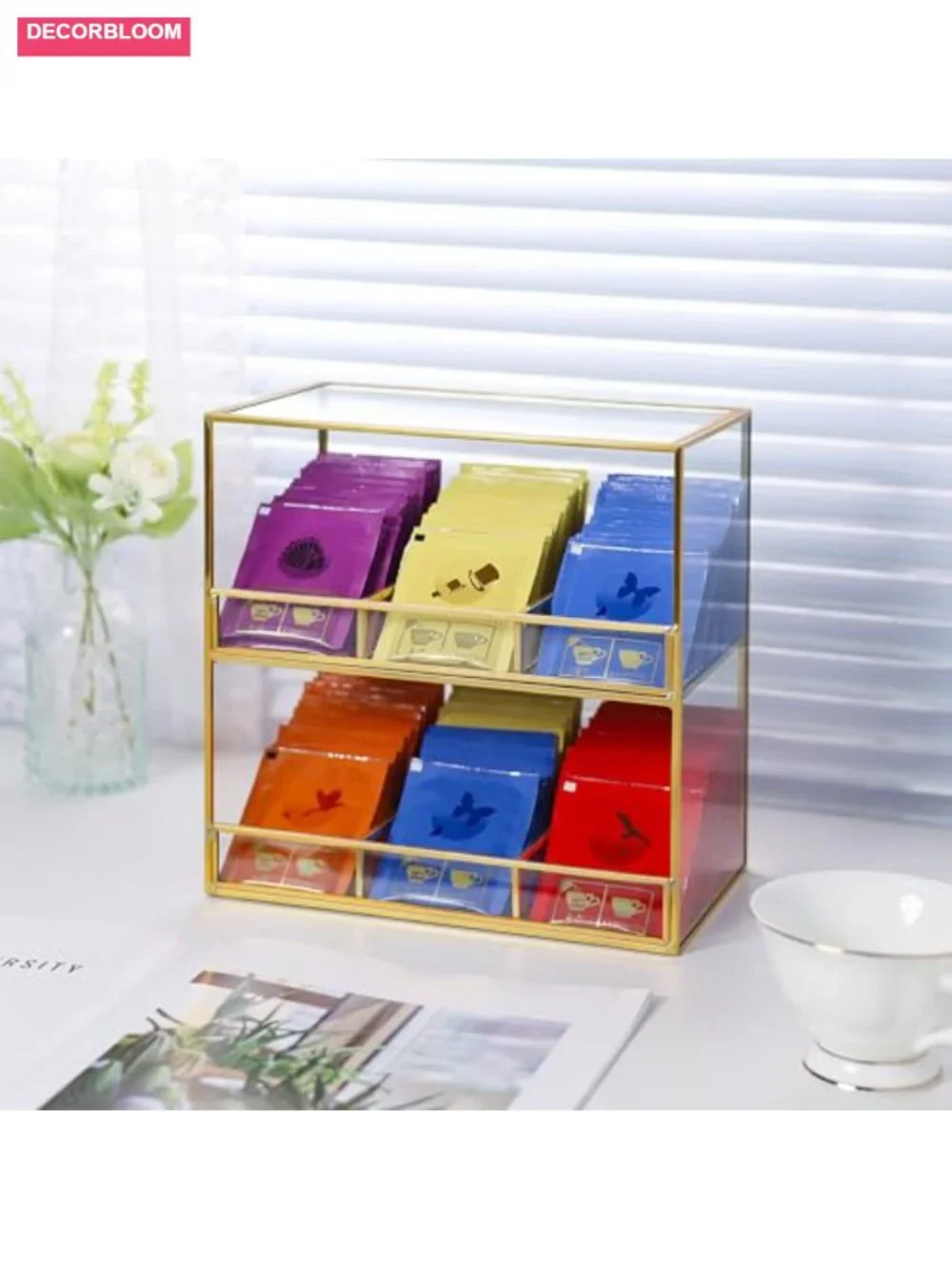 2-Tier Glass Tea Bag Organizer Counter Storage Box Brass Tea Caddy